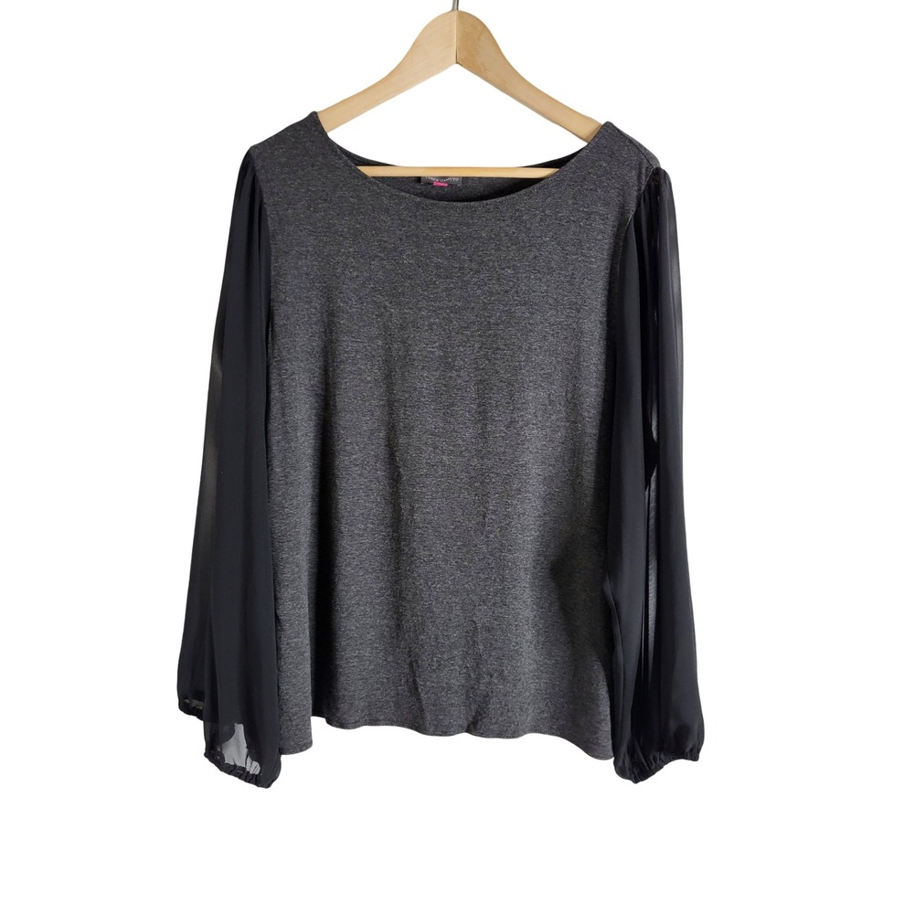 Vince Camuto Gray Black Knit Chiffon Long Sleeve Blouse Top XL Edgy Romantic